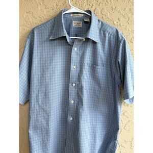LL Bean Blue Plaid Size L-Red Men's Short Sleeve Cotton Shirt Wrinkle Resistant